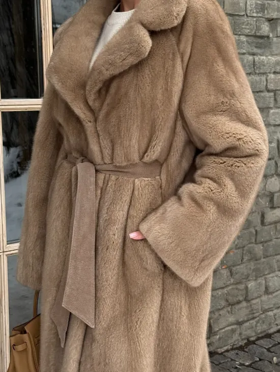 Удлиненная стильная шуба кимоно из скандинавской норки английский воротник