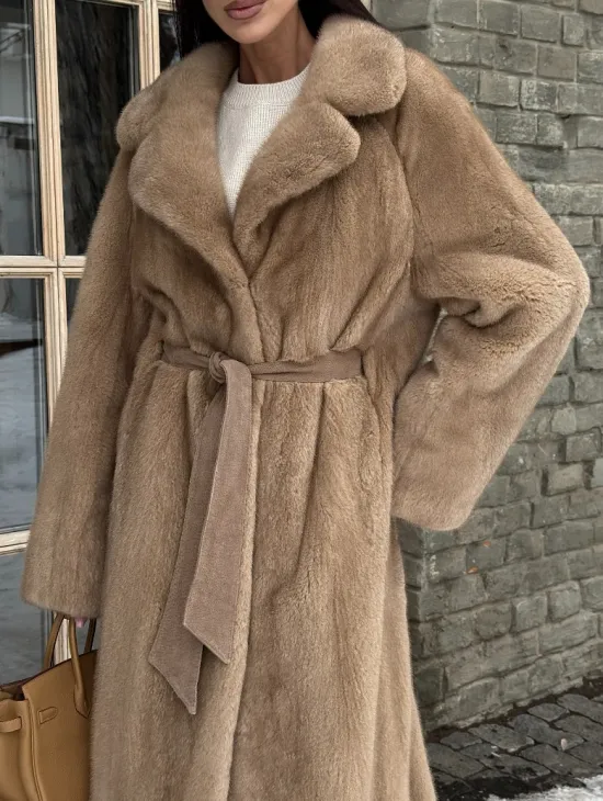 Удлиненная стильная шуба кимоно из скандинавской норки английский воротник