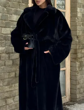 Шикарное норковое кимоно с английским воротником в черно-синем цвете
