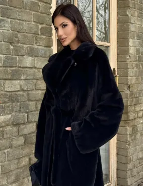 Шикарное норковое кимоно с английским воротником в черно-синем цвете