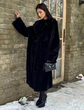 Шикарное норковое кимоно с английским воротником в черно-синем цвете