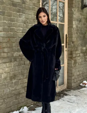 Шикарное норковое кимоно с английским воротником в черно-синем цвете