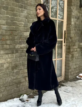 Шикарное норковое кимоно с английским воротником в черно-синем цвете