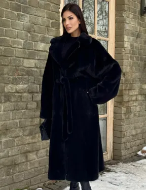 Шикарное норковое кимоно с английским воротником в черно-синем цвете