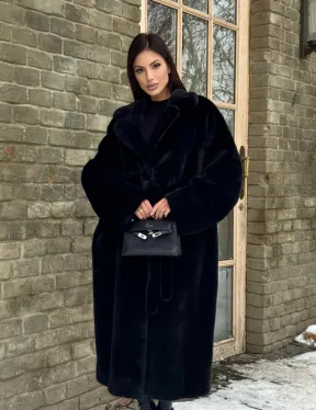 Шикарное норковое кимоно с английским воротником в черно-синем цвете