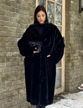 Шикарное норковое кимоно с английским воротником в черно-синем цвете