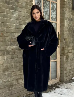 Шикарное норковое кимоно с английским воротником в черно-синем цвете