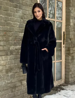Шикарное норковое кимоно с английским воротником в черно-синем цвете