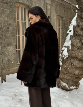 Норковое полупальто автоледи с английским воротником цвет Dark brown