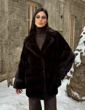 Норковое полупальто автоледи с английским воротником цвет Dark brown