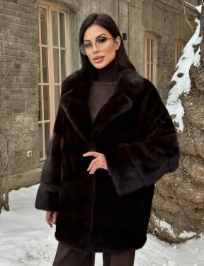 Норковое полупальто автоледи с английским воротником цвет Dark brown