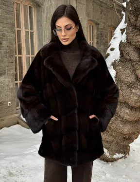 Норковое полупальто автоледи с английским воротником цвет Dark brown