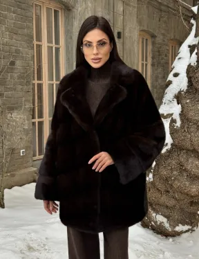 Норковое полупальто автоледи с английским воротником цвет Dark brown