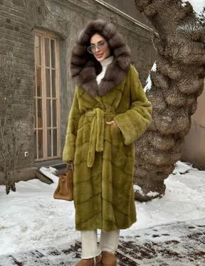 Шуба норковая с капюшоном из натурального меха куницы - цвет оливковый