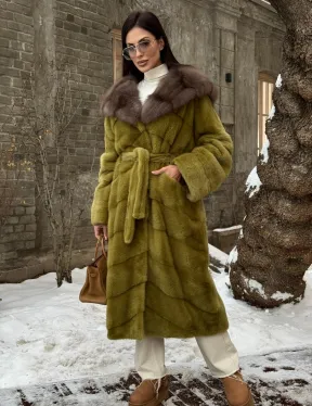 Шуба норковая с капюшоном из натурального меха куницы - цвет оливковый