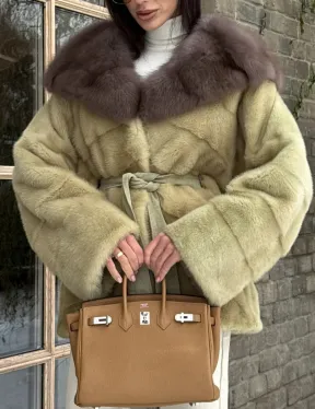 Полушубок норковый автоледи с капюшоном из куницы цвет фисташковый