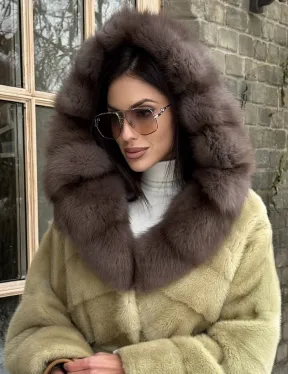 Полушубок норковый автоледи с капюшоном из куницы цвет фисташковый