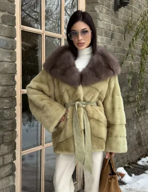 Полушубок норковый автоледи с капюшоном из куницы цвет фисташковый