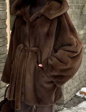 Шуба летучая мышь мех NAFA с капюшоном - цвет соболь