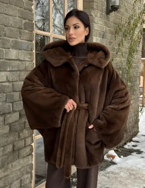 Шуба летучая мышь мех NAFA с капюшоном - цвет соболь