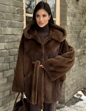 Шуба летучая мышь мех NAFA с капюшоном - цвет соболь