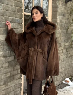 Шуба летучая мышь мех NAFA с капюшоном - цвет соболь