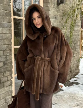 Шуба летучая мышь мех NAFA с капюшоном - цвет соболь