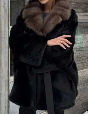 Черная шуба из норки с английским воротником из куницы