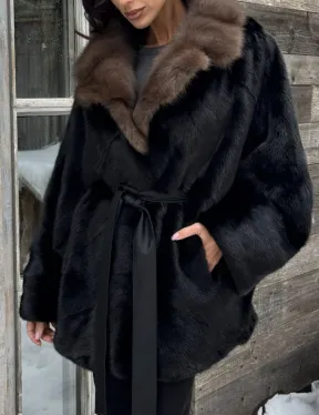 Черная шуба из норки с английским воротником из куницы