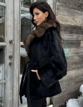 Черная шуба из норки с английским воротником из куницы