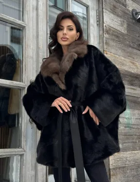 Черная шуба из норки с английским воротником из куницы