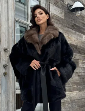 Черная шуба из норки с английским воротником из куницы