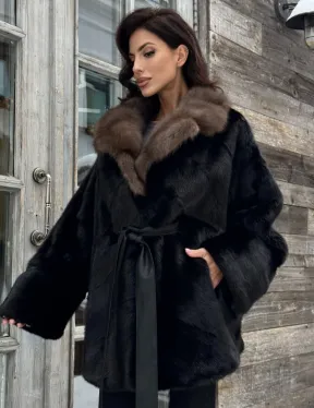 Черная шуба из норки с английским воротником из куницы