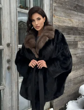 Черная шуба из норки с английским воротником из куницы