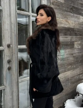 Черная шуба из норки с английским воротником из куницы