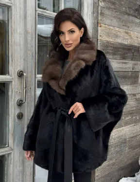 Черная шуба из норки с английским воротником из куницы