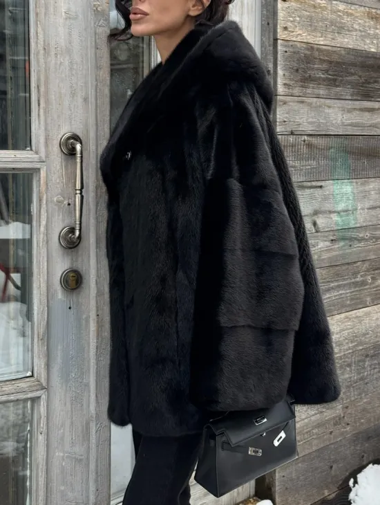 Черная зимняя шуба из меха норки Nafa mink с капюшоном - автоледи