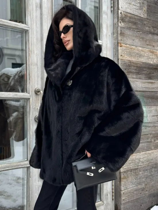 Черная зимняя шуба из меха норки Nafa mink с капюшоном - автоледи