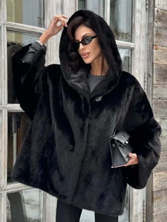 Черная зимняя шуба из меха норки Nafa mink с капюшоном - автоледи
