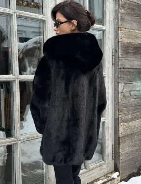 Черная зимняя шуба из меха норки Nafa mink с капюшоном - автоледи