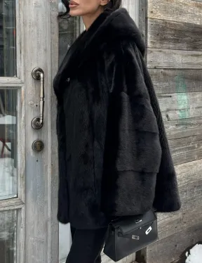 Черная зимняя шуба из меха норки Nafa mink с капюшоном - автоледи