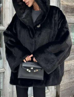 Черная зимняя шуба из меха норки Nafa mink с капюшоном - автоледи