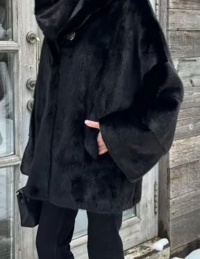 Черная зимняя шуба из меха норки Nafa mink с капюшоном - автоледи