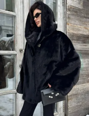 Черная зимняя шуба из меха норки Nafa mink с капюшоном - автоледи