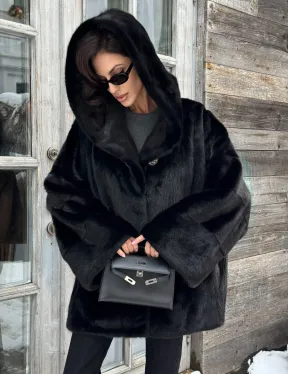 Черная зимняя шуба из меха норки Nafa mink с капюшоном - автоледи
