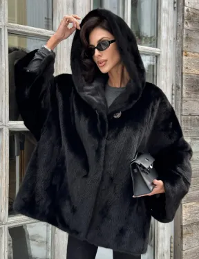 Черная зимняя шуба из меха норки Nafa mink с капюшоном - автоледи