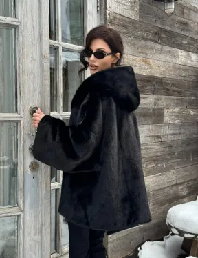 Черная зимняя шуба из меха норки Nafa mink с капюшоном - автоледи