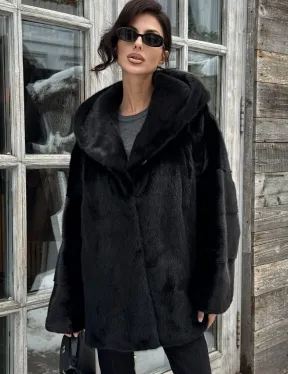 Черная зимняя шуба из меха норки Nafa mink с капюшоном - автоледи