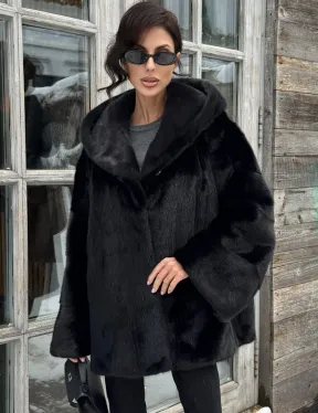 Черная зимняя шуба из меха норки Nafa mink с капюшоном - автоледи