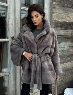 Норковая шуба в цвете графит с английским воротником - Летучая мышь